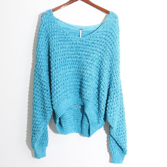 NWT Free People Coconut V-Neck Sweater Pristine Waters Loose Knit Oversized XL - Picture 3 of 13